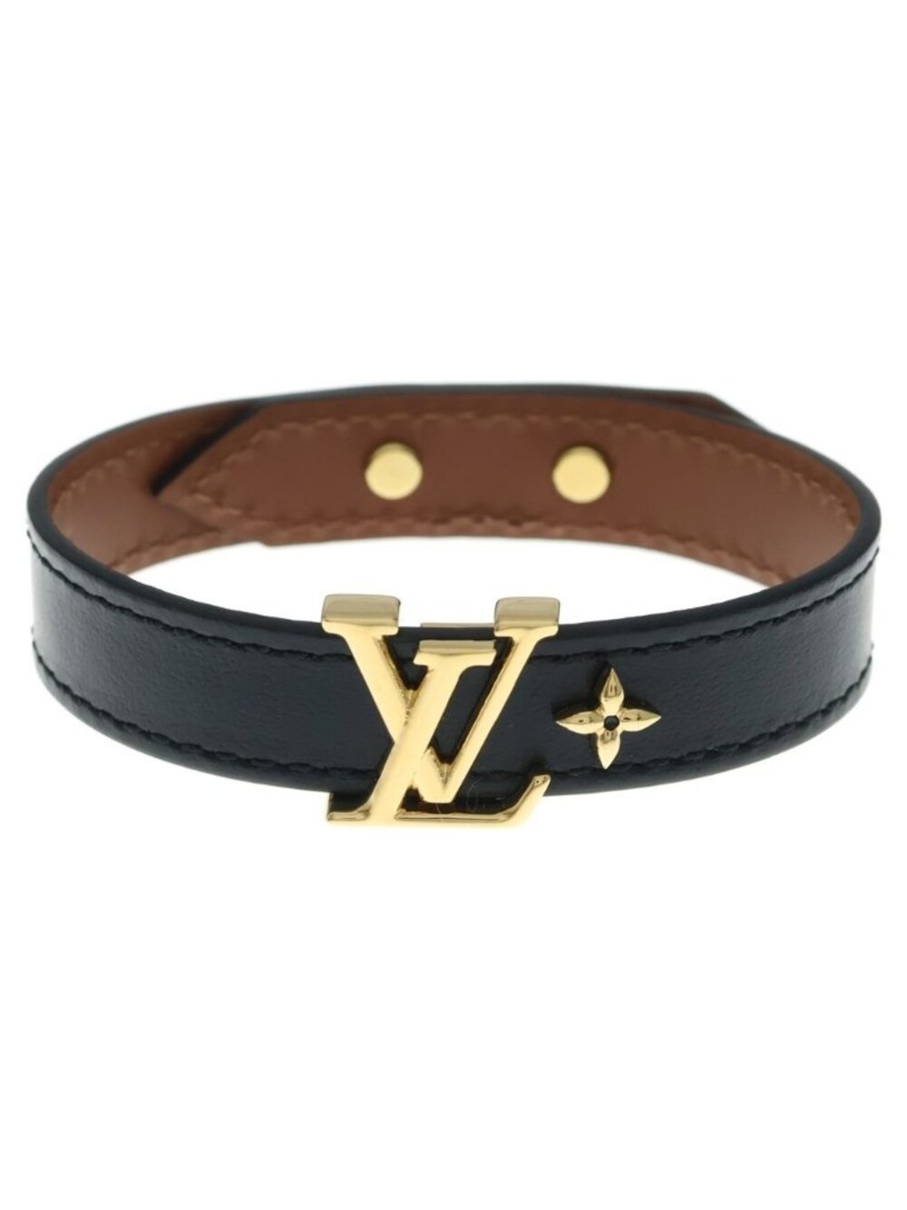 Louis Vuitton Monogram Flower LV Initial Bracelet Leather Band Black Brown Gold